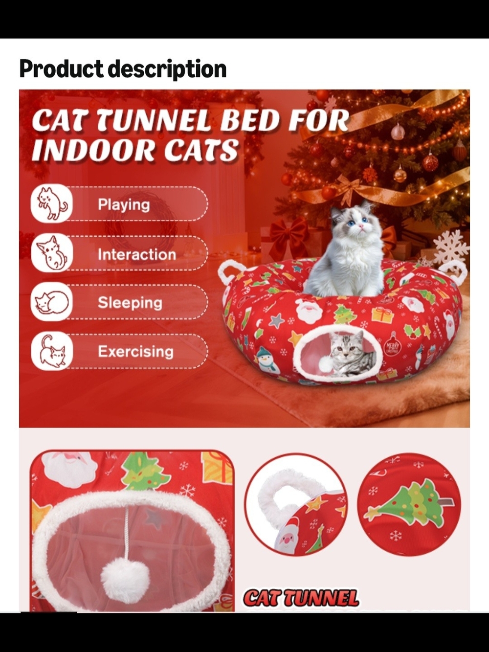 Cozy Red Holiday Cat Tunnel Bed with Plush Interior